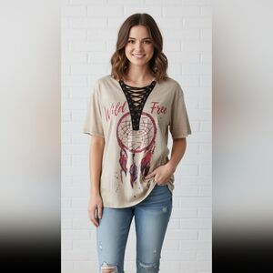 Umgee Dream Catcher Tie Dye Lace-Up Top Size Medium